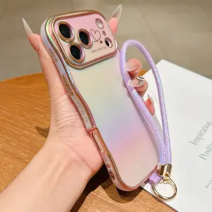 Instantly transform into Apple 17 Pro Max with a silk pattern case, Protective, suitable for iPhone 16 Pro, 15 Pro Max, new wave design with large window and double hearts, 14 Pro Max anti-drop gold wire lanyard