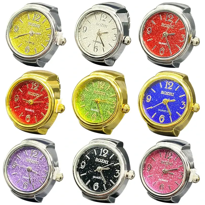 RetroGem Bling Clock Dial Punk Finger Watches for Women Men Elastic Strap Mini Couple Rings Jewelry Clock Quartz Watch Rings