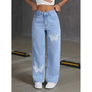 Butterfly Print Jeans Fashionable Elegant Straight Slim Fit Long Pants