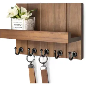 Decorative Key Holder Wall Mount - Rustic Key Holder for Wall with Shelf and Mail Organizer for Living Room Decor - Home Essentials for Home Improvement (Brown, 3.54" x 10" x 7.28")