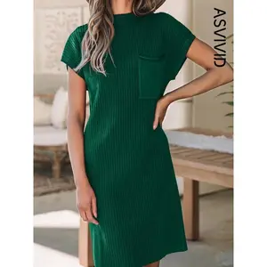 Women’s plain pocket batwing-sleeve sweater dress; casual mock-neck short-sleeve knit dress for spring and fall; women’s knitwear for everyday wear