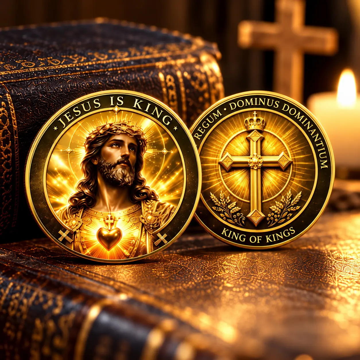 Jesus Is King Double-Sided Coin,Sacred Heart Jesus Christ and Golden Cross Religious Collectible, Christian Faith Memorial Token, Christian Keepsake for Easter, Baptism and Church Display,