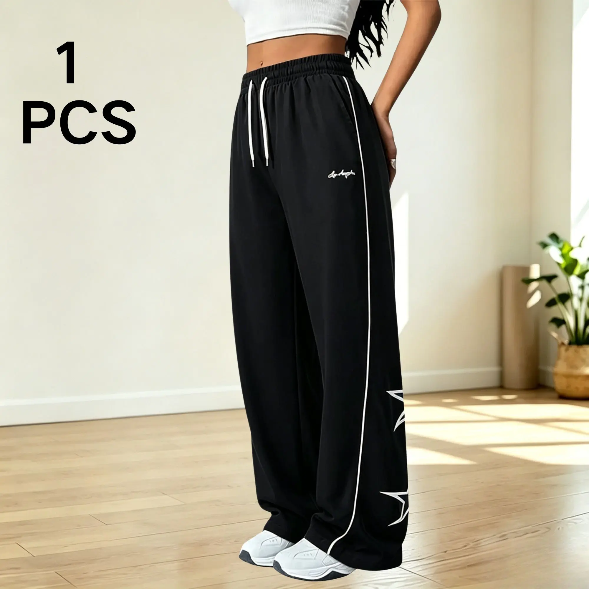 Women’s wide-leg athletic sweatpants with white side stripes and star print Casual Gym Trousers