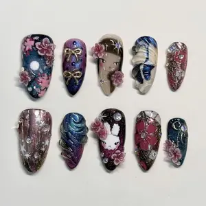 Hand-painted Baby Angels Press On Nails, Elegant Nails, Medium Almond Nail Set, Cartoon Nail, Miffy Nails, Artistic Nails, Fantasy Nails.