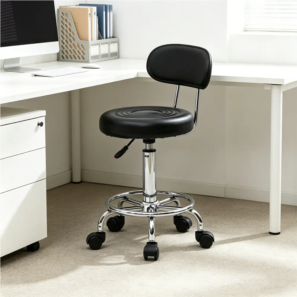 Black Adjustable Office Stool with Backrest - 360-Degree Rotation, Sponge-Padded PU Leather Seat, 18.5-24.21in Height, Heavy-Duty, 13.39x13.39x32.87in for WFH Setup, Posture Fix, Low Back Pain Relief, Good Posture Home Office Desk Workstation