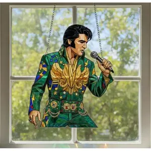 Emerald King: Stunning Elvis Presley Green Jumpsuit Stained Glass Art