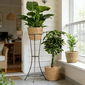 Handmade Woven Round Rustic Style Plant Pot, Ideal for Small & Medium Plants, Perfect Indoor & Outdoor Decoration