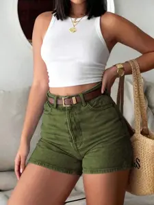Women's Elastic Denim Shorts, High-Waisted Basic Fit, Light Blue Washed, Elegant Style for Summer, Everyday, Home, Office, Casual Outing