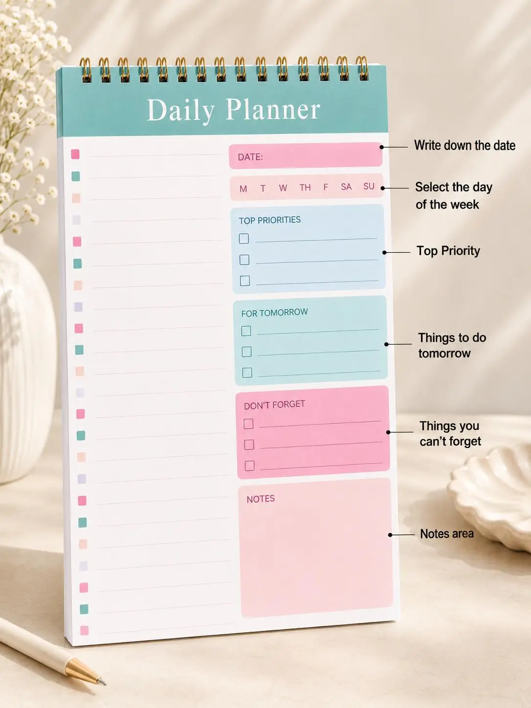 Spiral-Bound To-Do List Notebook, Undated A5 Daily Task Planner Notepad, Productivity Planner for Work, School & Office, 30-Sheet