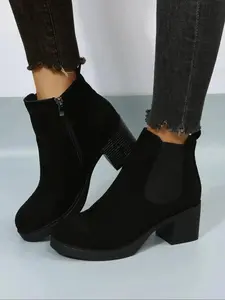 Women's Fashionable Solid Chelsea High Heel Ankle Boots, Comfortable Chunky Heeled Side Zipper Warm Short Boots, Suede Ankle Boots for Fall & Winter,Girl Walking Shoes,Winter Outfits Valentine's Day ,Gift For Her Boots Women