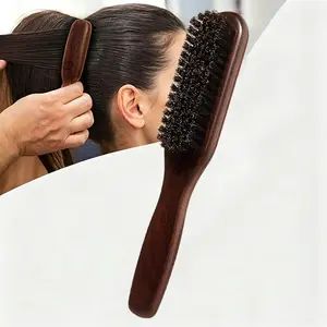 Boar Bristle Slick Back Hair Brush, Premium Hair Brush, Soft Medium Smoothing Hairbrush, Styling Polish Lay Hair Down, Frizz Free Hairstyle, Wooden Handle