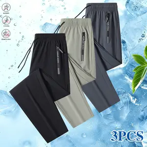Men’s 3-pack high-stretch ice silk fiber casual athletic pants — breathable quick-dry joggers for fitness training and running; suitable for golf and fishing; solid color; men’s long pants