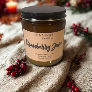 Purity Essentials Candle Co Cranberry Juice Soy Wax Hand Poured 8oz Candle Atlanta Georgia Eco Friendly Handcrafted Natural Aroma Decor Ornaments Scented