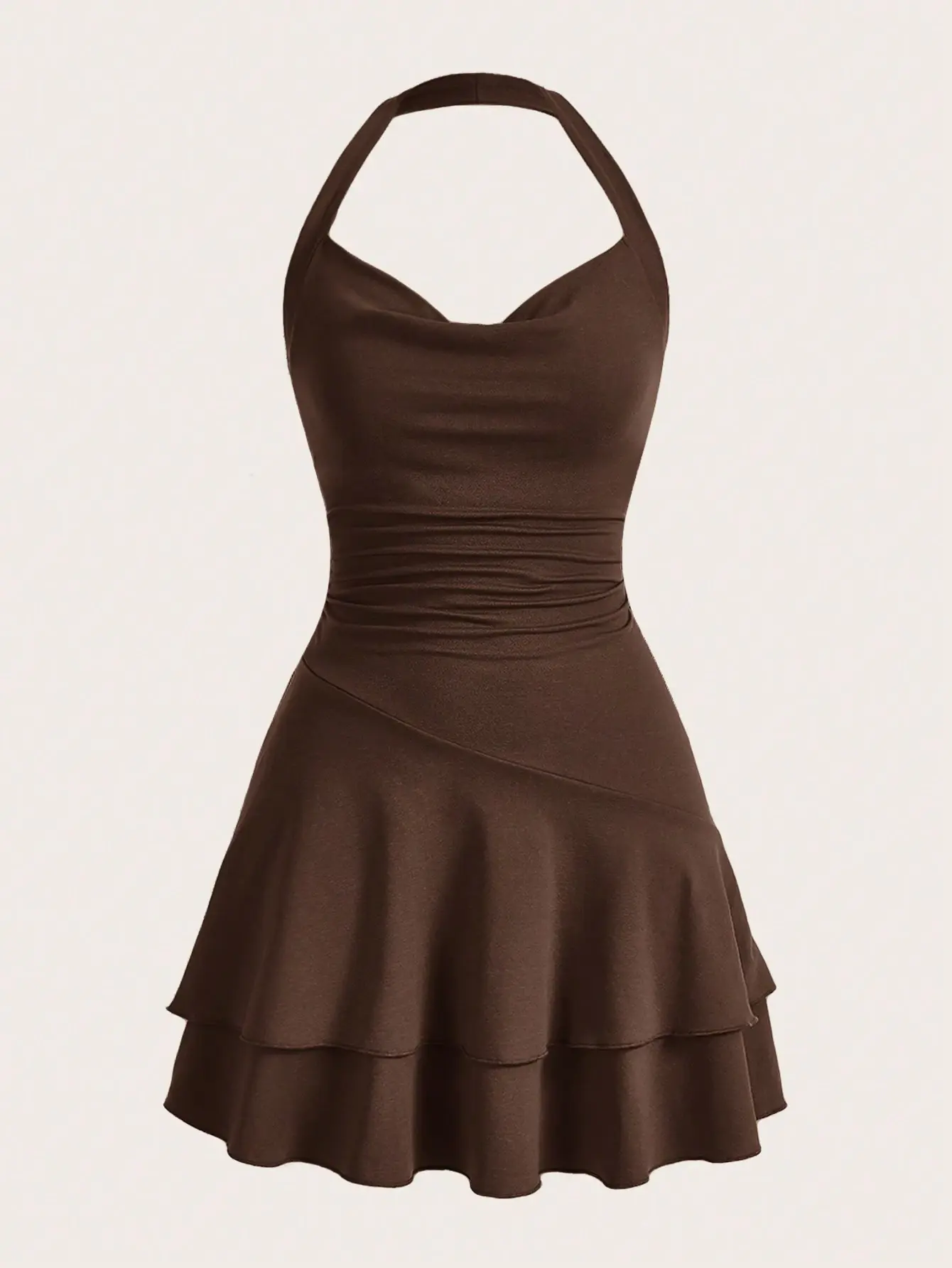 AESS x MISSGUIDED Women's Coffee Brown Elegant Party Night Summer Halter Neck Mini Dress Draped Collar Ruched Waist Double Layer Ruffle Hem A-Line Soft Knit Sun Dress