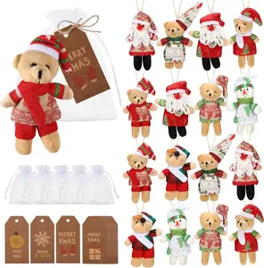 16 Sets Christmas Small Bear Gifts 5.1 Inch Mini Stuffed Plush Bears Doll Xmas Tags with Organza Bags for Christmas Party Favors Xmas Tree Ornaments Decorations Stocking Fillers summerwins