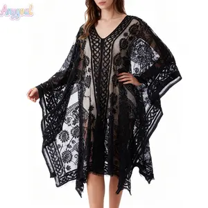 Anygoal Women's Summer V-Neck Hollow Out Floral Pattern Fringe Trim Cover-Up - Breathable, Transparent, Versatile, Sun-Protective Resort & Sea-Themed Cover for Seaside Vacations, Summer Parties Bikinis, Resort Cover Ups, Sea-Themed Cover Ups