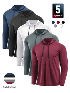 5-piece men's solid color long-sleeve hooded sweatshirts with drawstrings - casual sporty hoodies suitable for running and gym workouts, men's sports and outdoor clothing for spring and autumn, solid color sportswear