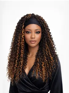 Highlight Ombre Headband Wig Synthetic Hair, Deep Wave Wigs for Women, Deep Wavy Curly, Convenient Wigs, #4/27 Glueless 150% Density, None Lace Front, 20 Inch
