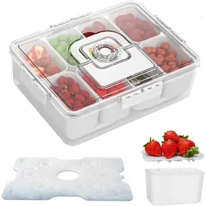 Snackle Box Container with Reusable Ice Pack, 8-Compartment Divided Serving Tray with Lid & Handle, Cooling Charcuterie Snack Box Organizer for Travel, Parties, Beach &