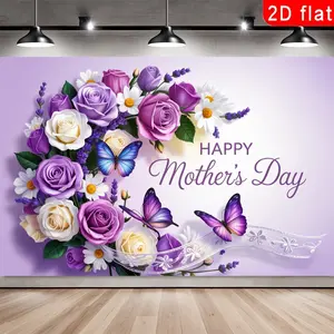 2D Flat, Party Banners 2D Flat Banner, 1pc Polyester Backdrop Purple White Rose Daisy Lavender Happy Mother's Day Butterfly Decor, for Party Decor Farm, Room, Club, Garden, Home, No Electricity, Easy to Hang