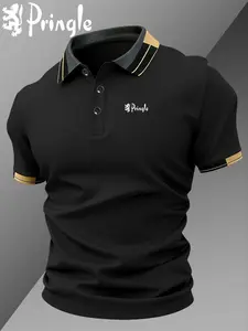 Men's Pringle Logo Print Polo Shirt, Elastic Casual Breathable All-Season Wear, Comfortable Durable High-End Fitted Blouse