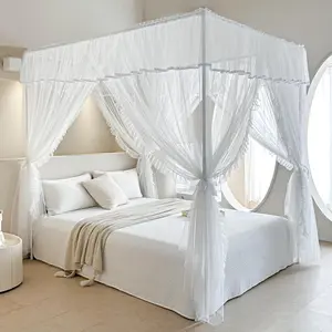 4 Corners Post Ruffle Princess Bed Canopy Curtain - Double Layer Cozy Drape Netting with 4 Openings - Elegant Mosquito Net for Girls and Adults Bedroom Decoration (White,Full)