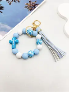 1 Piece Leopard Pattern Tassel Decor Beaded Keychain, Jewelry for Women & Men, Fashion Accessories for Friends Gift, Keychain Wristlet Strap