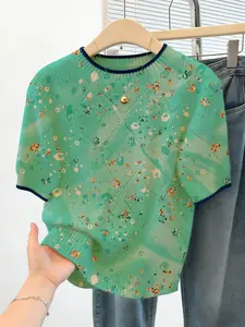 Summer Printed Rhombus Hollow Out Knit Top, Round Neck Half Sleeve Commuter Versatile Shirt, Fashionable Casual Wear for Daily Use