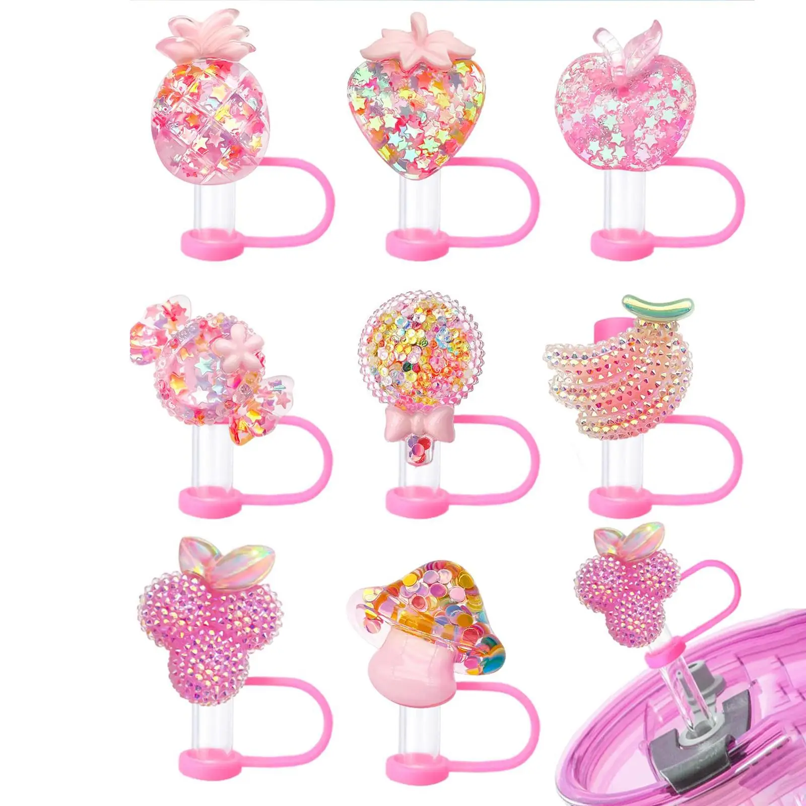 Cartoon Design Straw Topper, 8counts/set Reusable Straw Cover Cap, Fruit Design Straw Topper for Water Bottle, Drinkware Accessories, Summer for Gift,