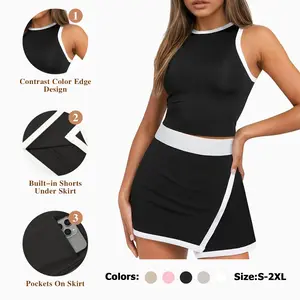 FISOEW Sports  2026 Summer Spring Womens 2 Piece Outfits Casual Sleeveless Contrast Color Tank Tops Workout High Waisted Skort Skirts Sets Fashion Minimalist FallFreshness Shorts Clothes, Crewneck Style