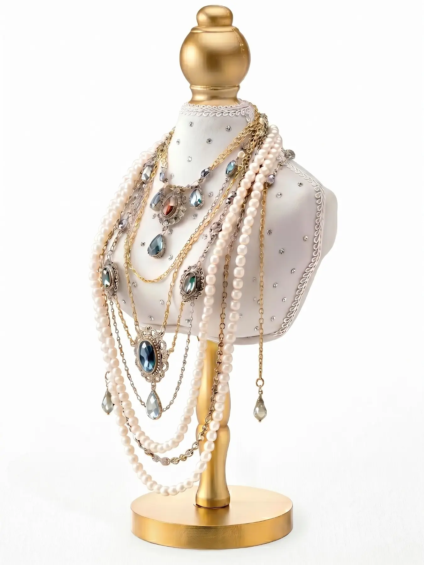 Exquisite Retro Diamond-Studded Velvet Necklace Display Stand with Chain Detail (13.8" White, 1 Pack), Elegant Mannequin Bust for Closet, Bedroom, Wedding & Retail