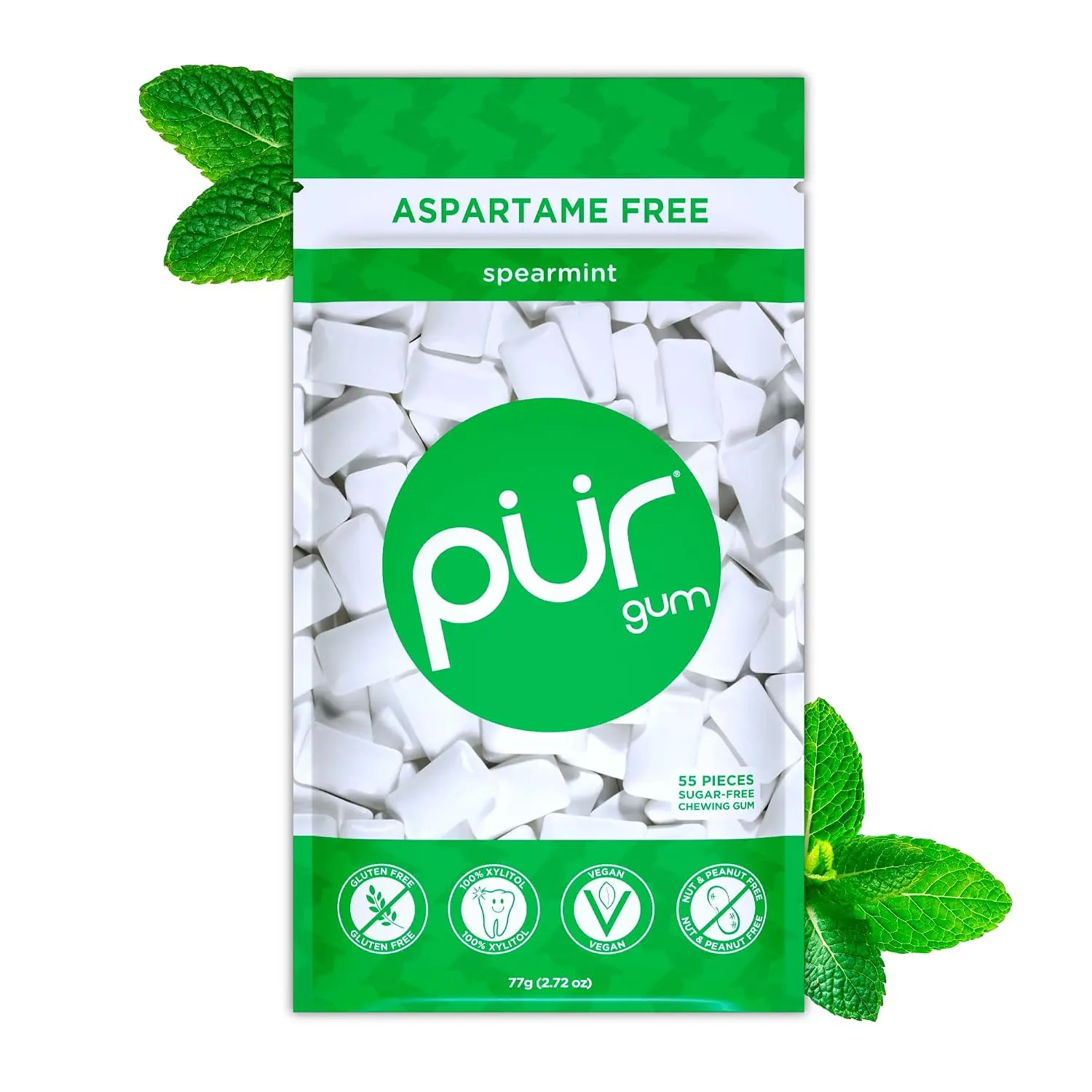 PUR Gum, Spearmint, Xylitol Gum, No Artificial Flavor, 55 Count | No Artificial Sweeteners, Vegan, Sugar Free, Gluten Free, Soy Free, Nut & Peanut Free, Swiss Made, Keto Friendly chewing gum