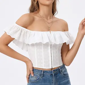 Vintage Inspired Embroidered Eyelet Hook Front Crop Top