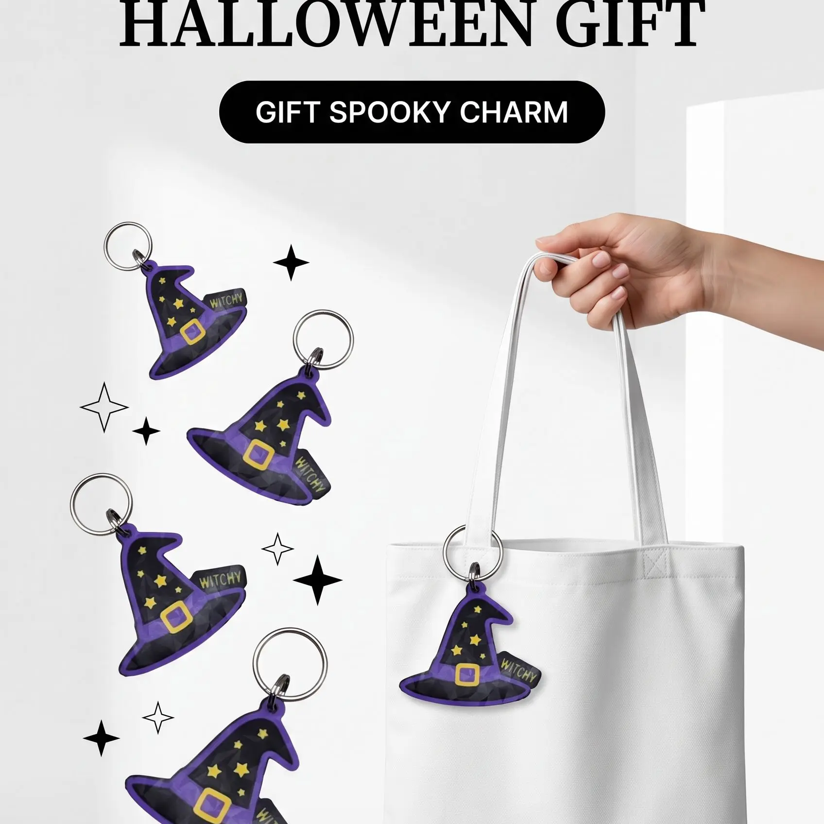 3D Printed Purple Witch Hat Keychain - Plastic Unisex Cute Witchy Hat Charm, Spooky Halloween Bag Accessory, Witch Gift