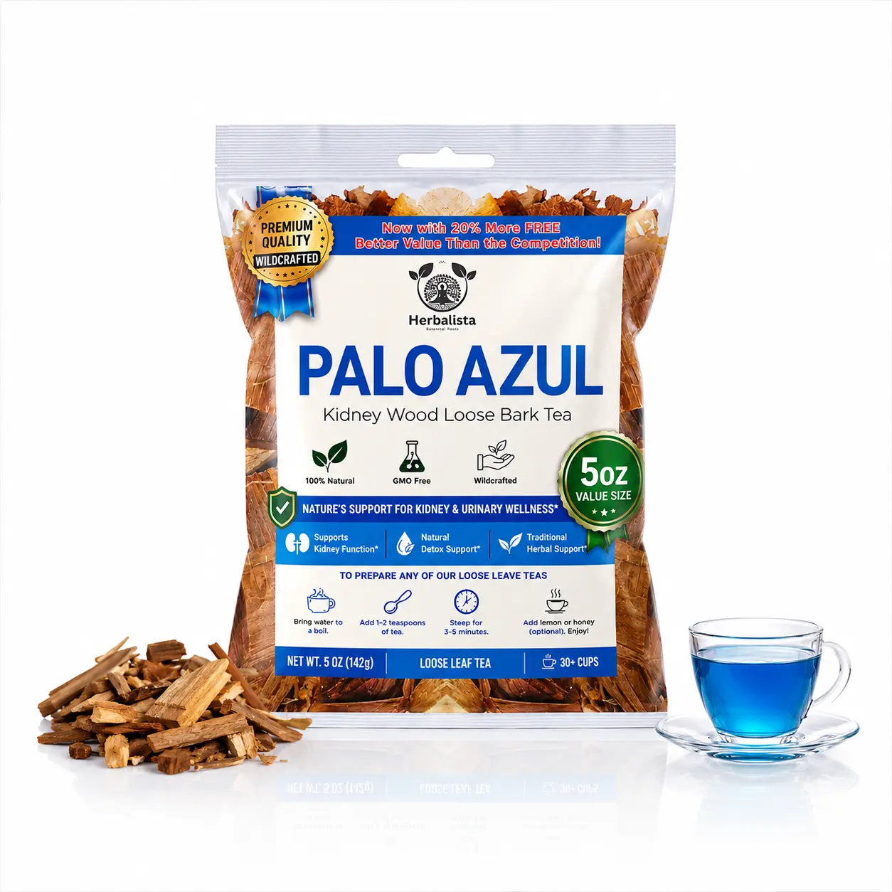 New Improved Premium Quality -  Viral Palo Azul Tea 5 oz (141g) - Better Value! | Kidney Wood Blue Stick Herbal Tea - 70+ Cups | Loose Bark Resealable Bag Wildcrafted