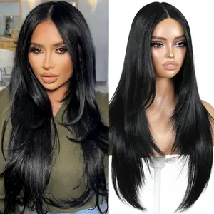 Black Wear and Go Glueless Wigs Pre Plucked Pre Cut for Beginners Long Layered Straight Synthetic Lace Front 13x4 Straight HD Lace Wigs 26 Inch Natural 1B 3 Seconds to Wear for Beginners