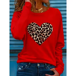 Women's Leopard Heart Pattern Long Sleeve Round Neck T-Shirt - Spring Autumn Casual Regular Fit Top, Machine Washable Comfortable Pullover, Loose Fit Soft Fabric Short Sleeve T-Shirt