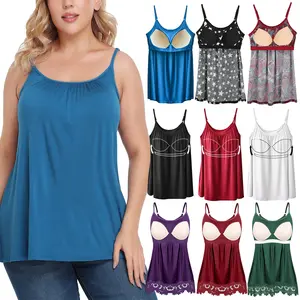 Boho Women's Shelf Bra Camisole Tops Adjustable Spaghetti Strap Cami Tank Undershirts, Ladies Sleeveless Tops Casual Flowy Lace Camisole Solid/Printed Vest Loose Fit Summer Round Neck Backless Tank Tops Plus Size S-4XL
