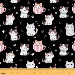 Cat Decorative Fabric by The Yard,1 Yard,Cute Cartoon Design Upholstery Fabric for Chairs,Cute Kitten Fabric for Home DIY Projects, Fun Pattern