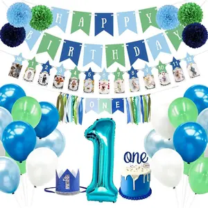 Tenshun Baby Boy 1st Birthday Decorations with Happy Birthday Banner, 12 Monthly Photo Banner