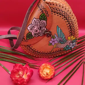 Mexican Leather Bag with Floral and Bird Embroidery - Handcrafted Design for Women