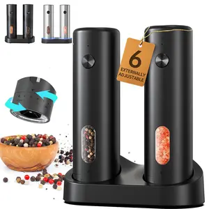 Rechargeable Electric Salt and Pepper Grinder Set with Charging Base, Automatic Pepper Mills with 110ml Container, External Adjustable Coarseness, White Led Light, Easy to Operate