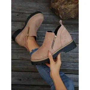 Women's Stylish Faux Suede Slip-On Ankle Boots with Side Zipper, Casual Comfortable Thick Sole Walking Shoes for Everyday Wear