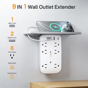 VALO Wall Outlet Extender with Shelf & Smart Night Light, 6 AC Outlets, 2 USB Ports & USB-C, Surge Protector Power Strip for Home, Dorm, Bathroom & Office