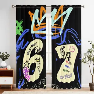 2-Piece Digital Graffiti Print Curtains, Fashionable Rod Pocket Window Drapes for Bedroom & Living Room, Comfortable Atmosphere, Easy Installation