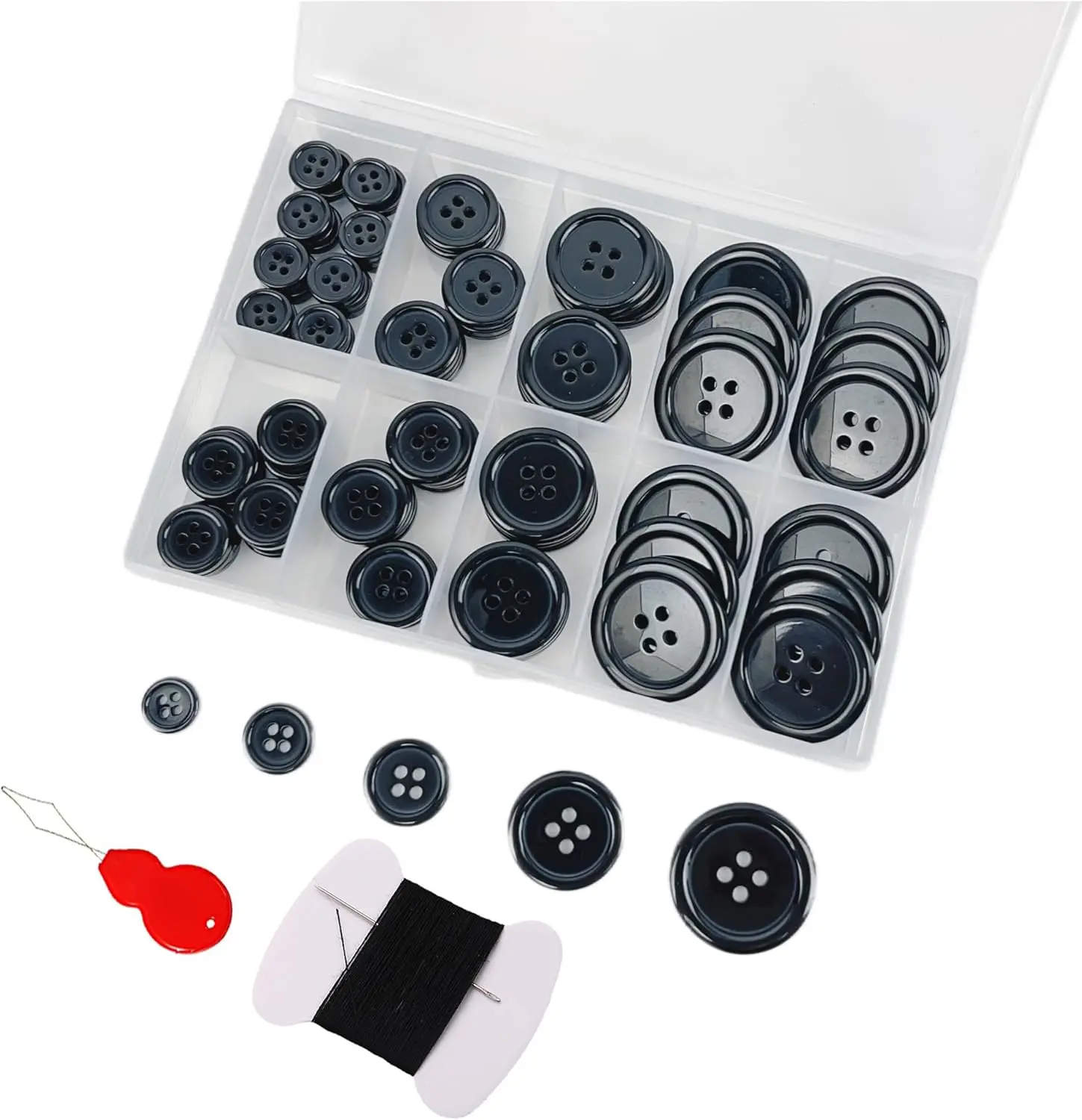 100 count Black Sewing Buttons Kit,5 Sizes 4-Hole Craft Buttons, Including , Sewing Thread, and Threader,Suitable for Sewing,Clothes,Suit Coat Shirt ButtonsDIY Decoration (Black)