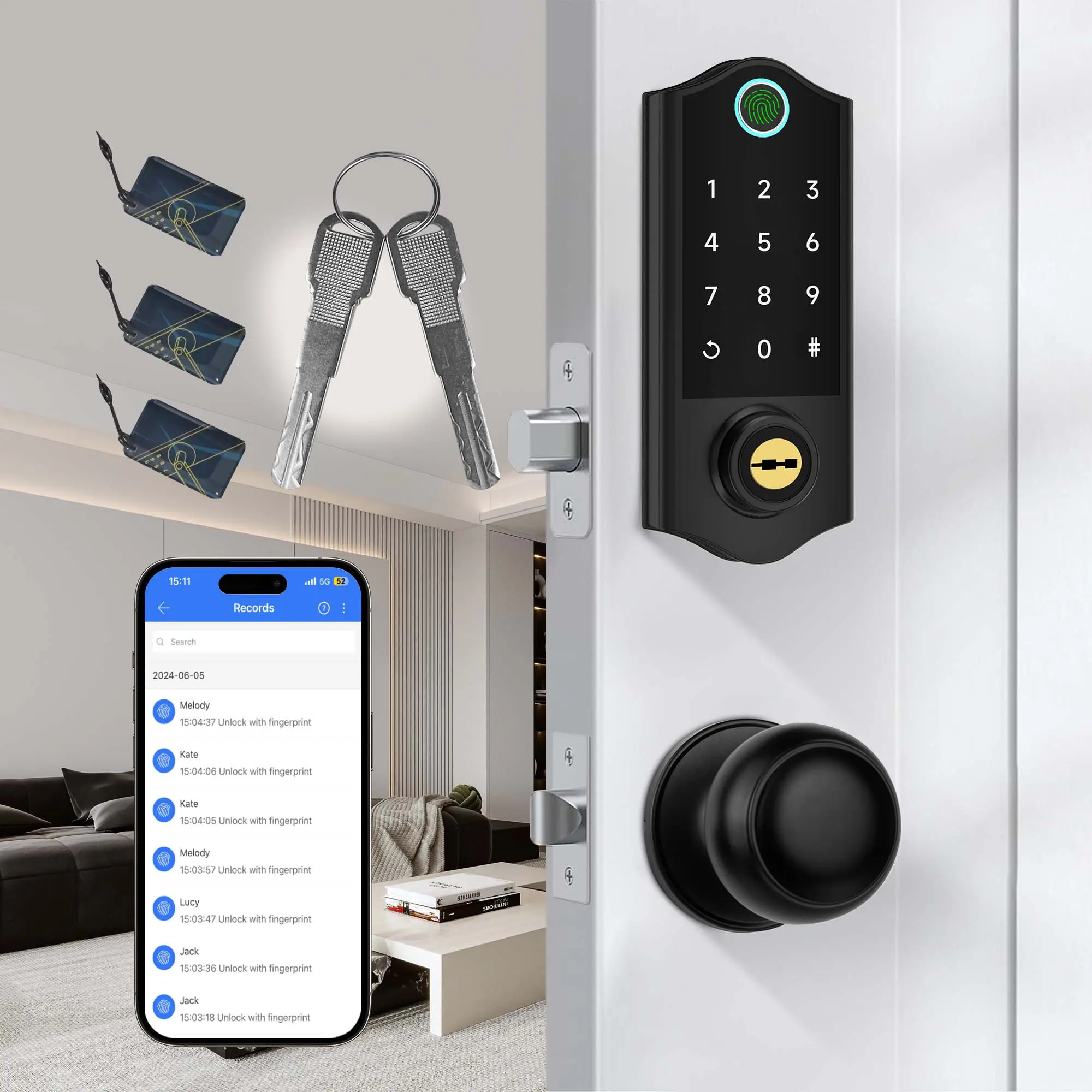 Black Keyless Entry Smart Door Knob Set with App Control, Front Door Deadbolt, Keypad, Auto-Lock, 1-Touch Lock, Easy Installation