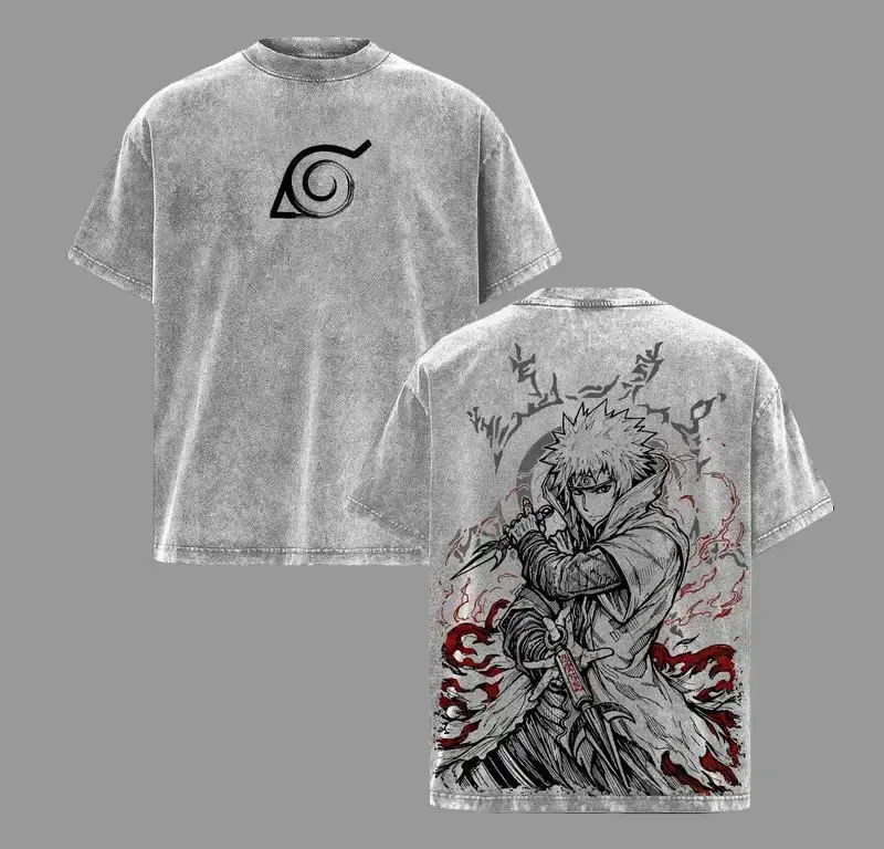 Minato Namikaze Naruto Anime Graphic Tee Vintage Washed Shirt Unisex Streetwear Hidden Leaf Symbol Anime Shirt Fourth Hokage Kunai Tee Naruto Anime Clothing Gift for Fans Crewneck Man Tshirt