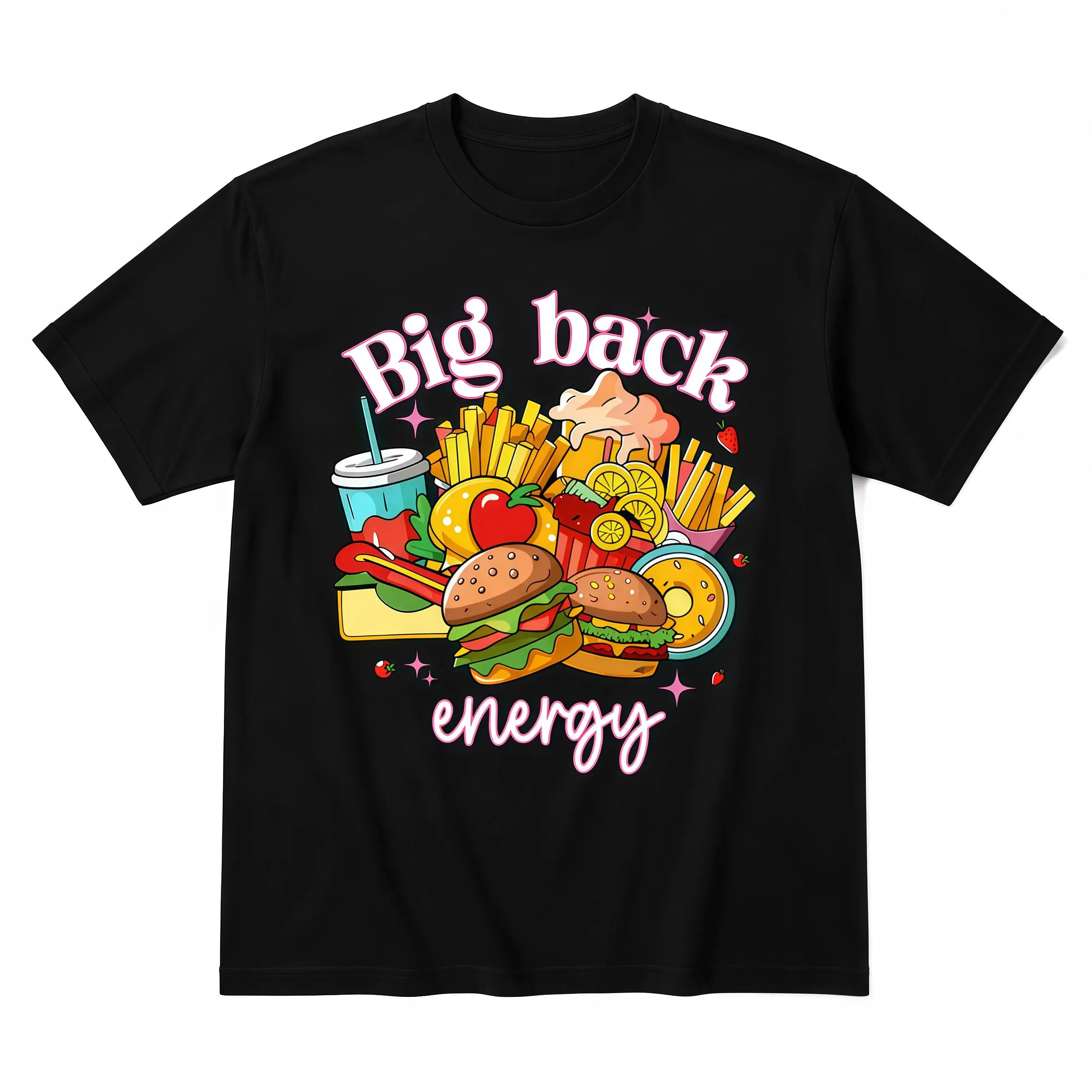 Big Back Energy Graphic T-Shirt, Funny Retro Food Lover Tee with Burger Fries Cartoon, Soft Breathable Casual Top