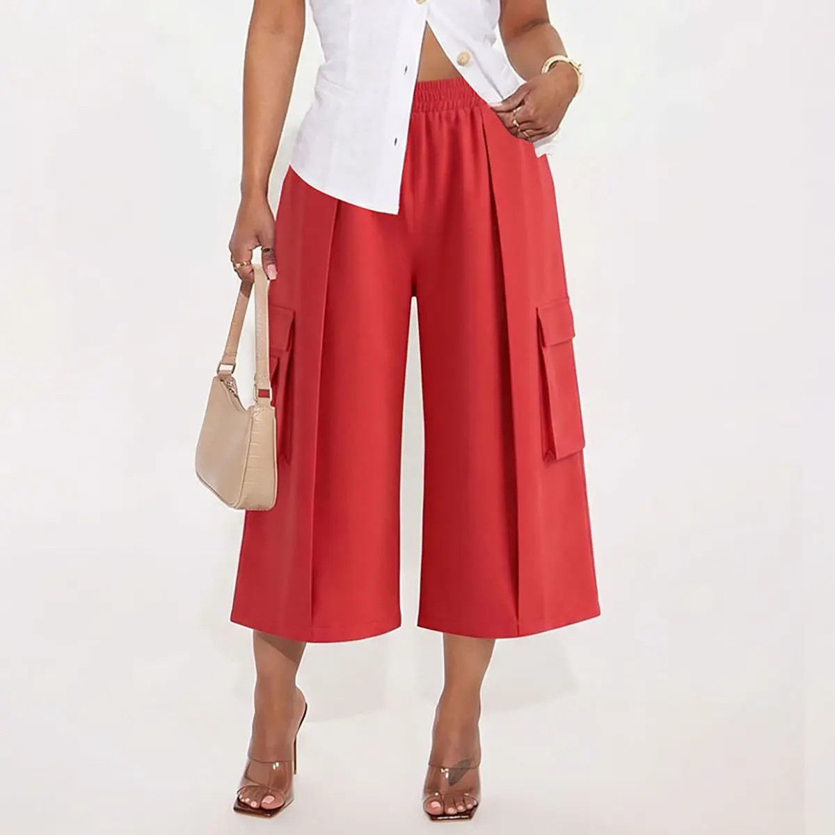 Women's Oversized Red 100% Cotton Cargo Capri Pants, High Elastic Elastic Waistband Wide Leg Cropped Pants,  Streetwear Utility Pants with Cargo Pockets, Casual Everyday Streetwear, Size Down for Slim Fit